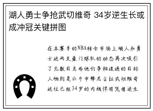 湖人勇士争抢武切维奇 34岁逆生长或成冲冠关键拼图